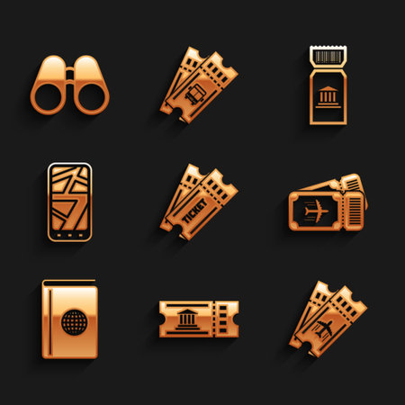 Set Ticket, Museum ticket, Airline, Cover book travel guide, Infographic of city map, and Binoculars icon. Vectorのイラスト素材
