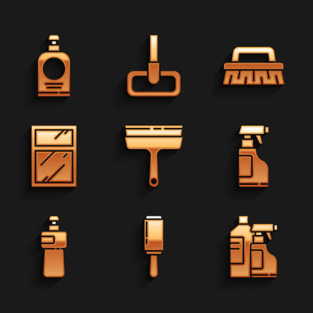 Set Rubber cleaner for windows, Adhesive roller, Bottles cleaning agent, Spray bottle with detergent liquid, Dishwashing, Cleaning service, Brush and Hand sanitizer icon. Vectorのイラスト素材