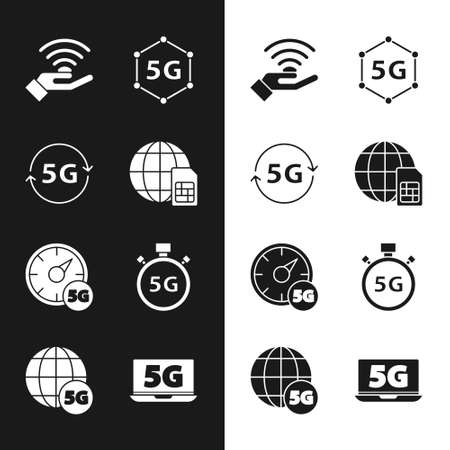 Set Globe 5G Sim Card, network, Digital speed meter, Laptop with and icon. Vectorのイラスト素材
