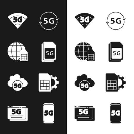 Set 5G Sim Card, Globe, network, Cloud, card setting, Mobile with and icon. Vectorのイラスト素材