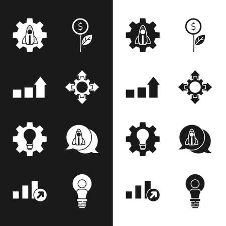 Set Project team base, Financial growth, Startup project concept, Dollar plant, Light bulb and gear, Head with lamp and icon. Vectorのイラスト素材
