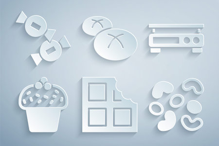 Set Chocolate bar, Electronic scales, Cake, Jelly candy, Bread loaf and Candy icon. Vectorのイラスト素材
