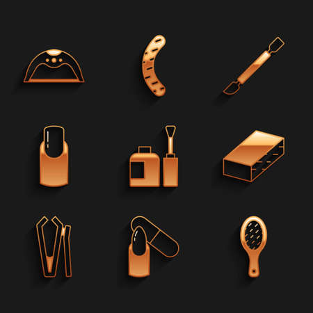 Set Bottle of nail polish, Nail file, cutter, manicure, Cuticle pusher and Manicure lamp icon. Vectorのイラスト素材