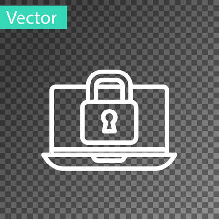 White line Laptop and lock icon isolated on transparent background. Computer and padlock. Security, safety, protection concept. Safe internetwork. Vectorのイラスト素材