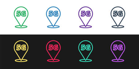 Set line Location 5G new wireless internet wifi connection icon isolated on black and white background. Global network high speed connection data rate technology. Vectorのイラスト素材