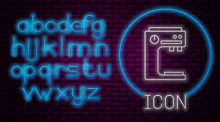 Glowing neon line Coffee machine icon isolated on brick wall background. Neon light alphabet. Vectorのイラスト素材