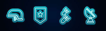 Set line Military helmet, Military rank, Aviation bomb and Radar. Glowing neon icon. Vectorのイラスト素材