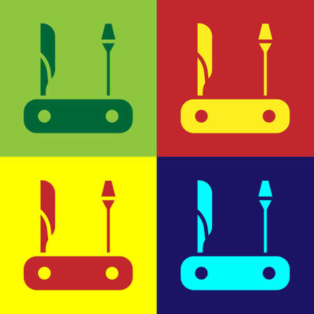 Pop art Swiss army knife icon isolated on color background. Multi-tool, multipurpose penknife. Multifunctional tool.  Vector.のイラスト素材