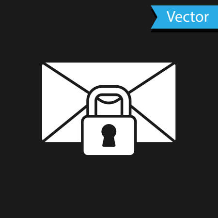 White Mail message lock password icon isolated on black background. Envelope with padlock. Private, security, secure, protection, privacy. Vector.のイラスト素材