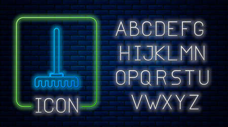 Glowing neon Garden rake icon isolated on brick wall background. Tool for horticulture, agriculture, farming. Ground cultivator. Housekeeping equipment. Neon light alphabet. Vector.のイラスト素材
