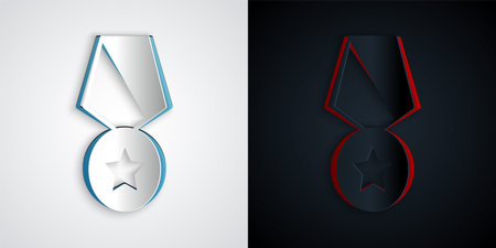 Paper cut Military reward medal icon isolated on grey and black background. Army sign. Paper art style. Vectorのイラスト素材