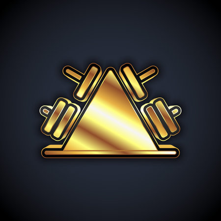Gold Metal rack with additional weights for barbell icon isolated on black background. Bodybuilding, fitness, sport, healthy lifestyle concept. Vectorのイラスト素材