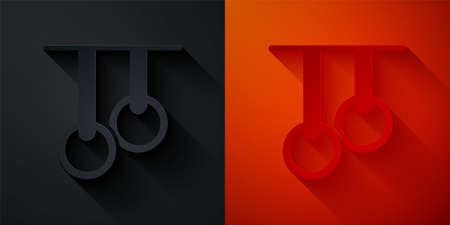 Paper cut Gymnastic rings icon isolated on black and red background. Playground equipment with hanging rope with rings. paper art style. Vectorのイラスト素材