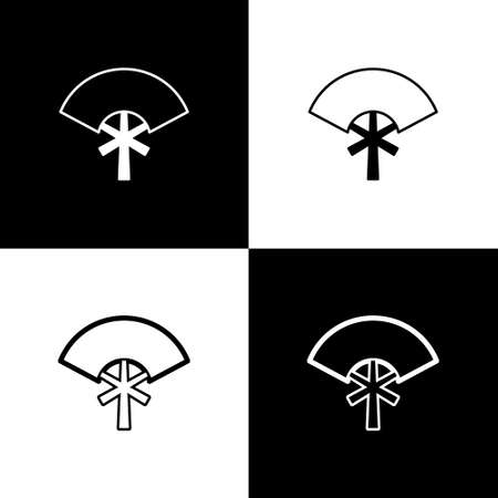 Set Traditional paper chinese or japanese folding fan icon isolated on black and white background. Vectorのイラスト素材