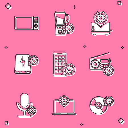 Set Microwave oven, Blender with bowl setting, Toaster, Power bank, Mobile Apps and Radio icon. Vectorのイラスト素材
