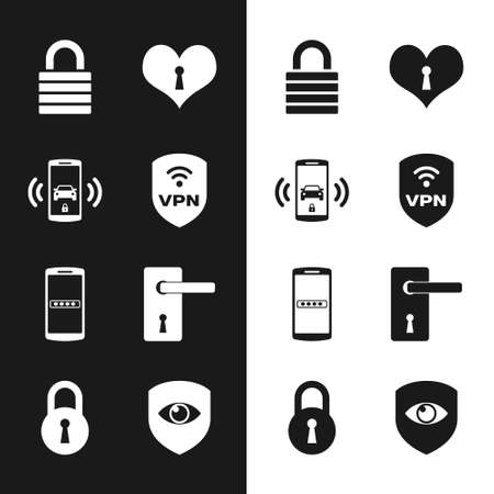 Set Shield with VPN wireless, Smart car alarm system, Lock, Heart keyhole, Mobile and password and Door handle icon. Vectorのイラスト素材