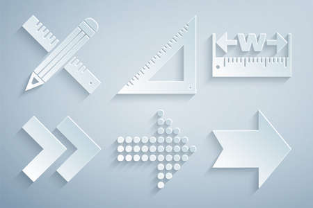 Set Dots arrow, Measuring height and length, Arrow, Triangular ruler and Crossed pencil icon. Vectorのイラスト素材