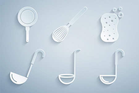 Set Kitchen ladle, Sponge with bubbles, whisk and Frying pan icon. Vector