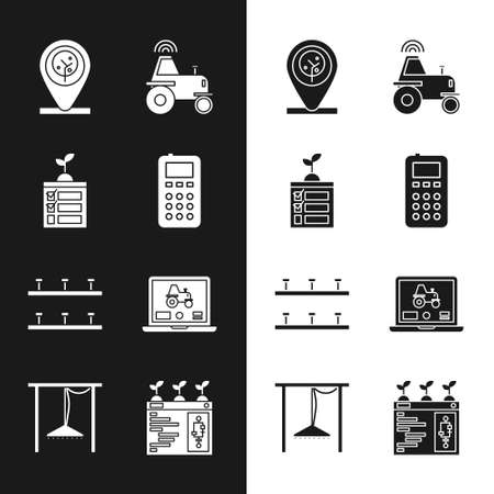 Set Remote control, Smart farming technology, Location and tree, Wireless tractor smart, Automatic irrigation sprinklers, Laptop application for, and icon. Vectorのイラスト素材