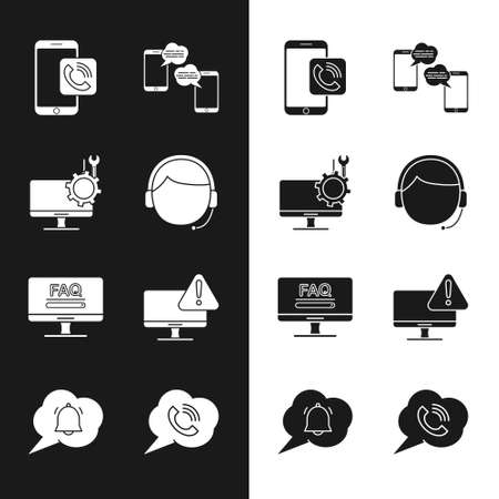 Set Man with a headset, Computer monitor service, Mobile phone call, Chat messages mobile, Monitor FAQ information, exclamation mark, Speech bubble and chat notification icon. Vectorのイラスト素材