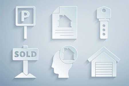 Set Man dreaming about buying house, House key, Hanging sign with text Sold, Garage, contract and Parking icon. Vectorのイラスト素材
