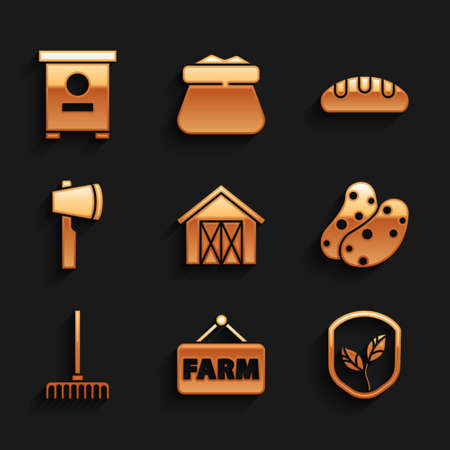 Set Farm house, Signboard with text, Shield leaf, Potato, Garden rake, Wooden axe, Bread loaf and Hive for bees icon. Vectorのイラスト素材