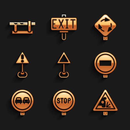 Set Triangle warning blank, Stop sign, Warning road, No overtaking traffic, Exclamation mark triangle, Roundabout and Parking car barrier icon. Vector