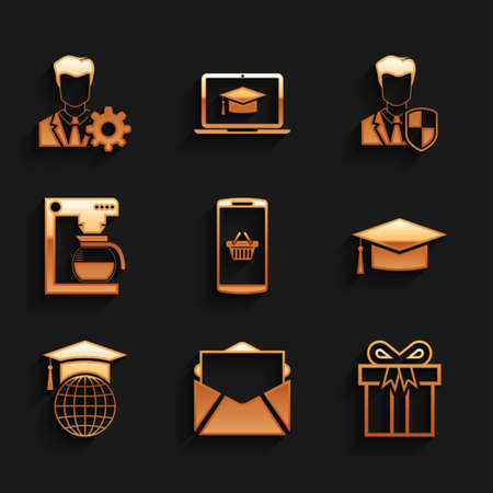 Set Shopping basket on mobile, Mail and e-mail, Gift box, Graduation cap, globe and Coffee machine with pot icon. Vectorのイラスト素材