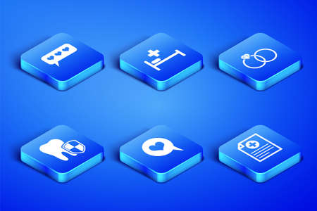 Set Clinical record, Like and heart, Heart speech bubble, Dental protection, Hospital bed and Wedding rings icon. Vectorのイラスト素材