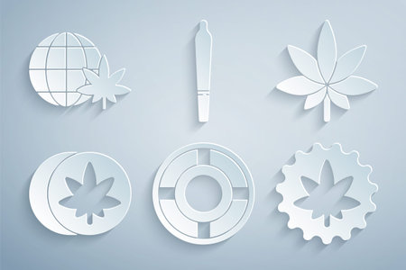 Set Ashtray, Marijuana or cannabis leaf, Herbal ecstasy tablets, joint and Legalize marijuana globe icon. Vectorのイラスト素材
