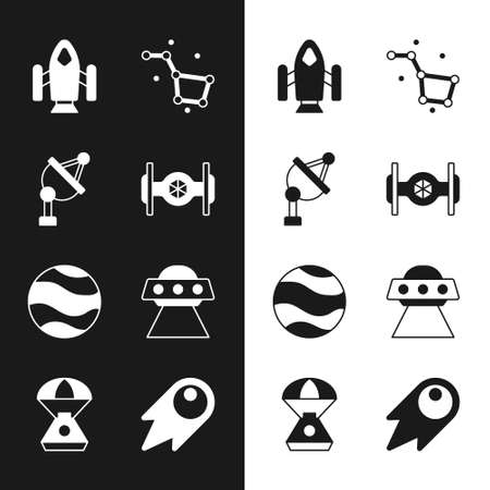 Set Cosmic ship, Satellite dish, Rocket, Great Bear constellation, Planet, UFO flying spaceship, Comet falling down fast and Space capsule icon. Vectorのイラスト素材