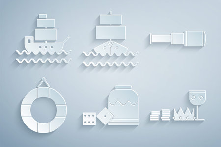 Set Pirate game dice, Spyglass telescope lens, Lifebuoy, Treasure and riches, Ship and icon. Vectorのイラスト素材