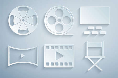 Set Play Video, Cinema auditorium with seats, Online play video, Director movie chair, Film reel and icon. Vectorのイラスト素材