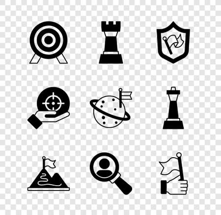 Set Target, Chess, Shield with flag, Mountains, Magnifying glass for search, Hand holding, and Moon icon. Vectorのイラスト素材
