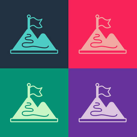 Pop art Mountains with flag on top icon isolated on color background. Symbol of victory or success concept. Goal achievement. Vectorのイラスト素材
