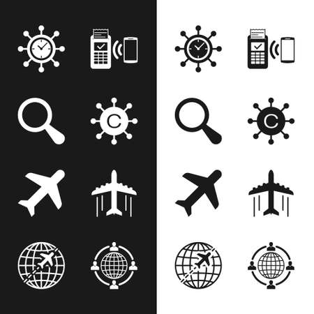 Set Copywriting network, Magnifying glass, Clock and gear, POS terminal, Plane and icon. Vectorのイラスト素材