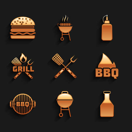 Set Crossed fork and spatula, Barbecue grill, Ketchup bottle, fire flame, Mustard and Burger icon. Vectorのイラスト素材