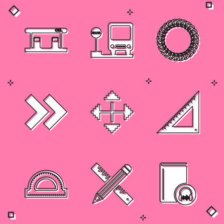 Set Gas filling station, Bus stop, Laurel wreath, Arrow, Pixel arrows four directions, Triangular ruler, Protractor grid and Crossed and pencil icon. Vectorのイラスト素材