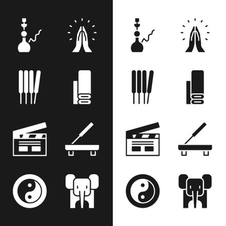 Set Indian textile fabric Aroma sticks incense Hookah Hands praying position Bollywood indian cinema Scented spa Elephant and Yin Yang icon. Vector.のイラスト素材
