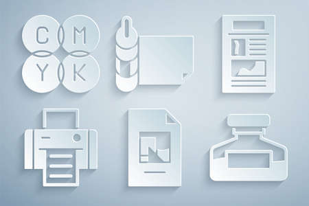 Set File document News Printer Ink bottle Roll of paper and CMYK color mixing icon. Vector.のイラスト素材