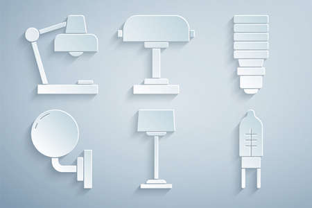 Set Floor lamp, LED light bulb, Wall sconce, Light emitting diode, Table and icon. Vectorのイラスト素材