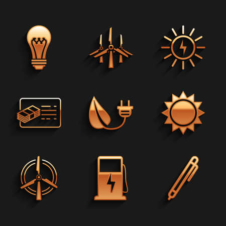 Set Electric saving plug in leaf, car charging station, Pen, Sun, Rotating wind turbine, Financial document, Solar energy panel and Light bulb icon. Vectorのイラスト素材