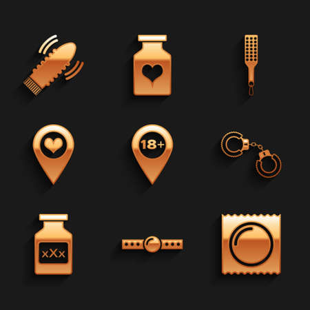Set Location with 18 plus, Silicone ball gag, Condom in package, Sexy fluffy handcuffs, Bottle pills for potency, heart, Spanking paddle and Dildo vibrator sex games icon. Vectorのイラスト素材