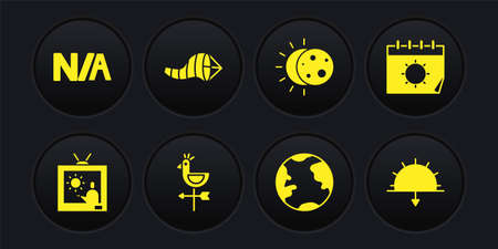 Set Weather forecast, Calendar and sun, Rooster weather vane, Earth globe, Eclipse of, Cone meteorology windsock wind, Sunset and Not applicable icon. Vectorのイラスト素材
