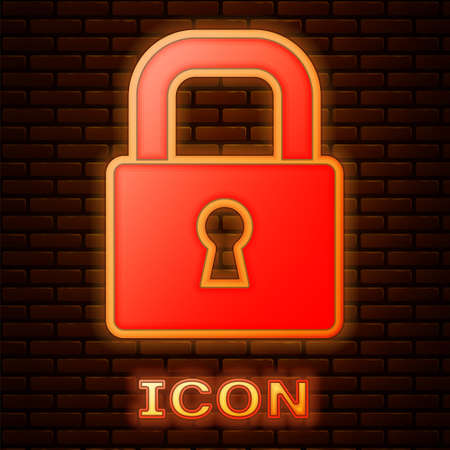 Glowing neon Lock icon isolated on brick wall background. Padlock sign. Security, safety, protection, privacy concept. Vectorのイラスト素材