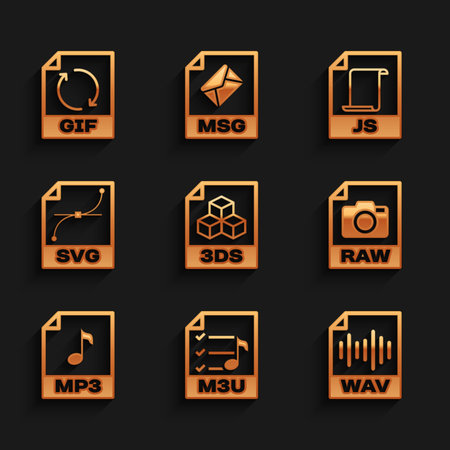 Set 3DS file document, M3U, WAV, RAW, MP3 and SVG icon. Vector