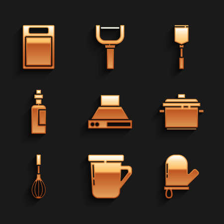 Set Kitchen extractor fan, Coffee cup, Oven glove, Cooking pot, whisk, Bottle olive oil, Spatula and Cutting board icon. Vectorのイラスト素材