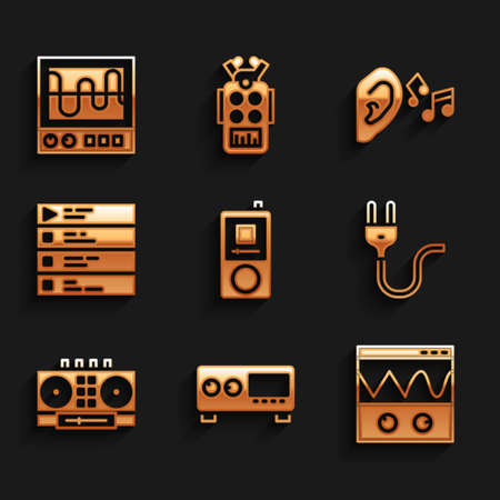 Set Music player, Guitar amplifier, Oscilloscope, Electric plug, DJ remote and mixing music, playlist, Ear listen sound signal and icon. Vectorのイラスト素材