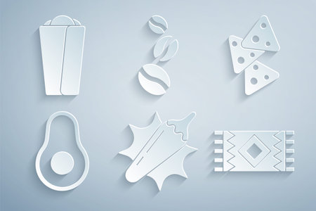 Set Hot chili pepper pod, Nachos, Avocado fruit, Mexican carpet, Coffee beans and Burrito icon. Vectorのイラスト素材
