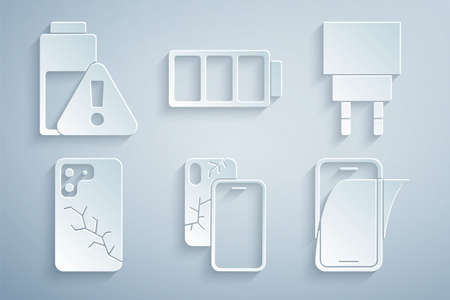 Set Mobile with broken screen, Charger, Glass protector, Battery and Smartphone battery charge icon. Vectorのイラスト素材